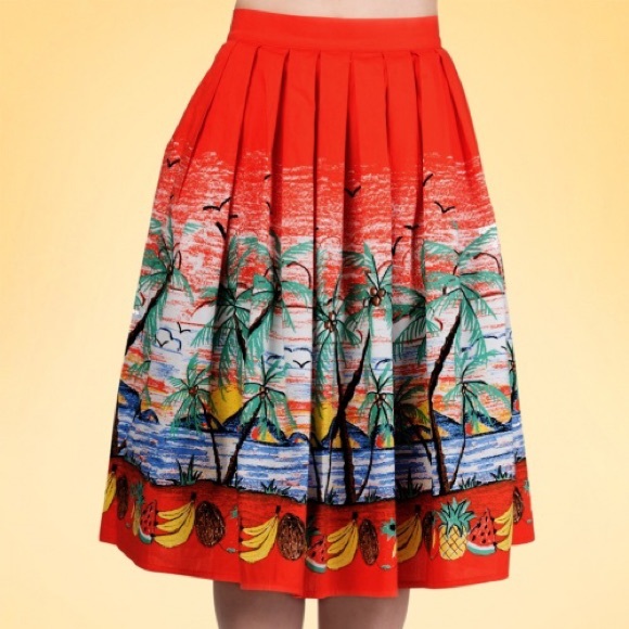 Dresses & Skirts - Red Tropical Print Pleated Midi Skirt